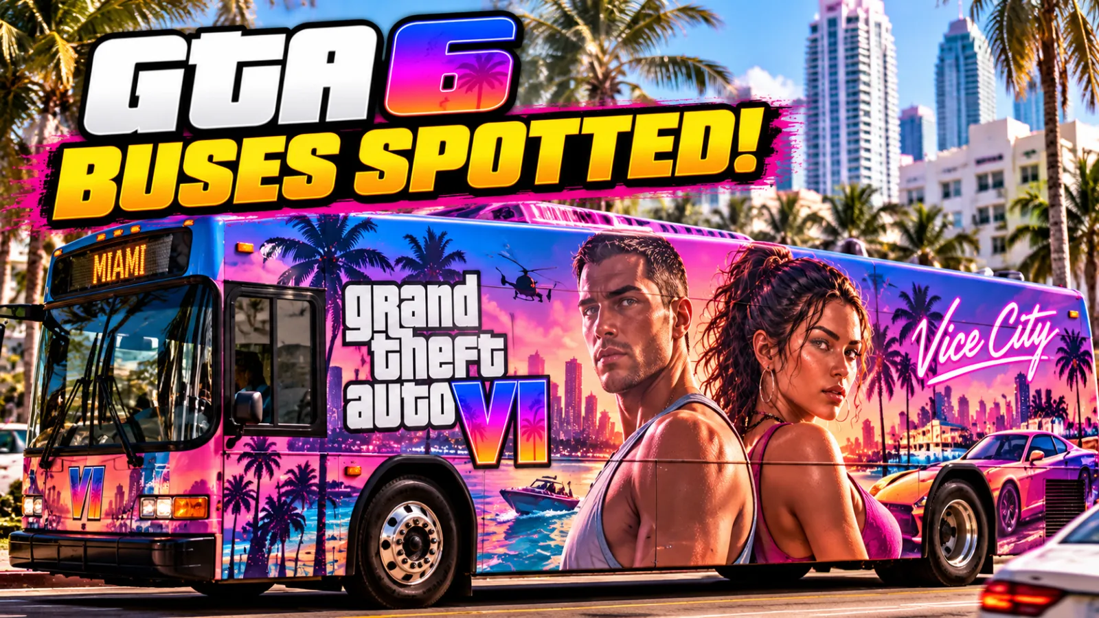 GTA 6-Themed Buses Spotted in Miami Featuring Jason, Lucia and Vice City Artwork